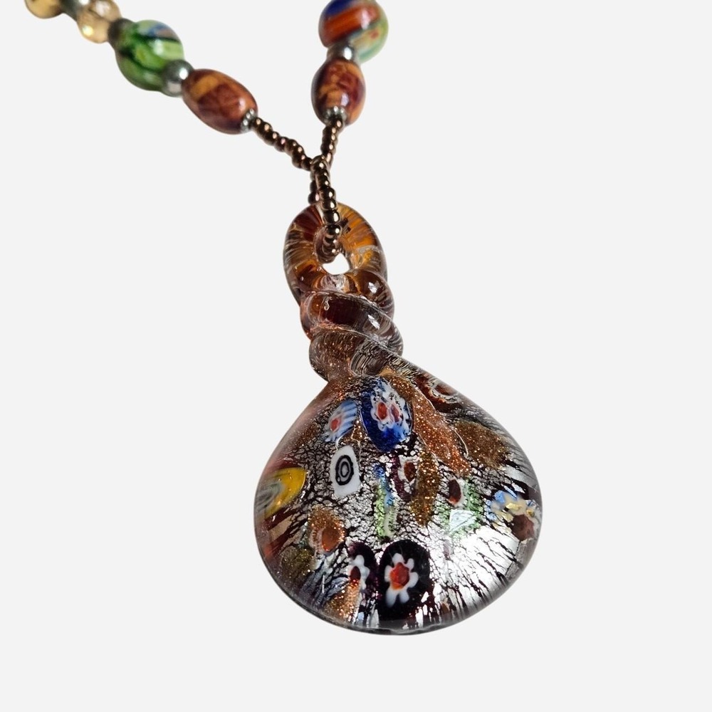 Boho multi-colored glass bead necklace with bronze bead chain  & glass pendant